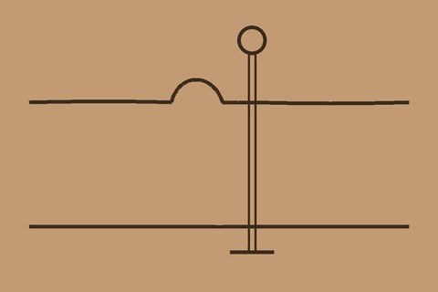 A drawing of a piercing cut side-on, with a small bump on the skin beside the stud